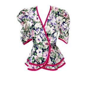 1980's Cotton Floral Puff Sleeve Peplum Blouse